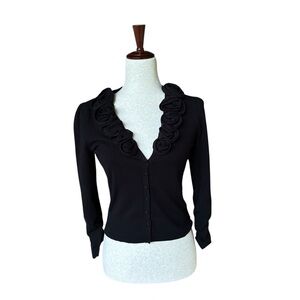 Black Rosette Trim Cardigan Sweater Button Front Romantic Vintage Style‎ Size S